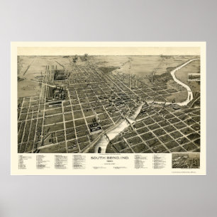 South Bend, IN Panoramic Map - 1890 Poster