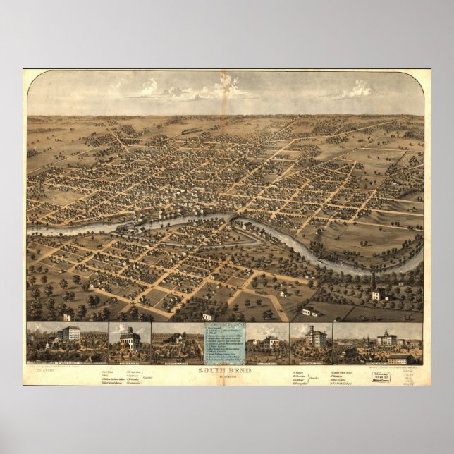 South Bend Indiana 1866 Antique Panoramic Map Poster (Front)