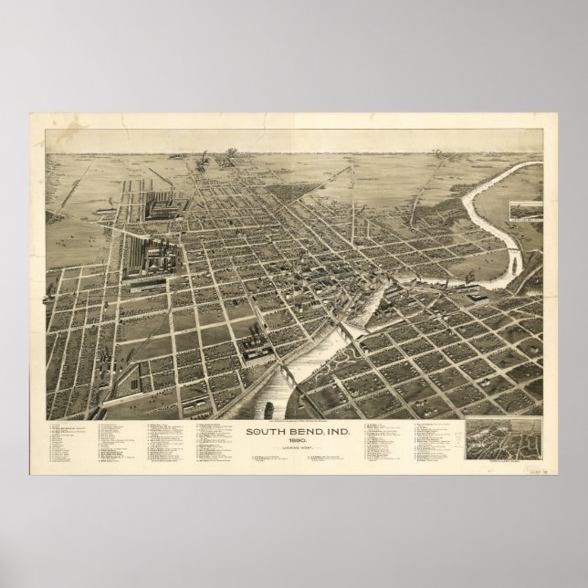 South Bend Indiana 1890 Antique Panoramic Map Poster (Front)
