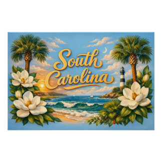 South Carolina Beautiful Beach with Magnolia Poster
