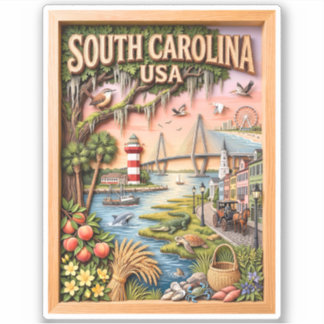 South Carolina Coastal Landmarks Layered Papercut Sticker