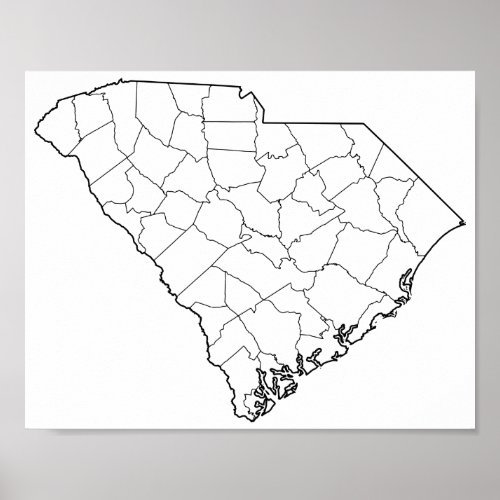South Carolina Counties Blank Outline Map Poster