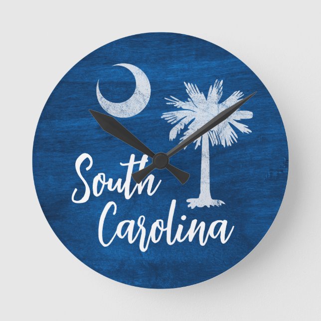 South Carolina Flag with Palmetto Tree Blue Round Clock (Front)