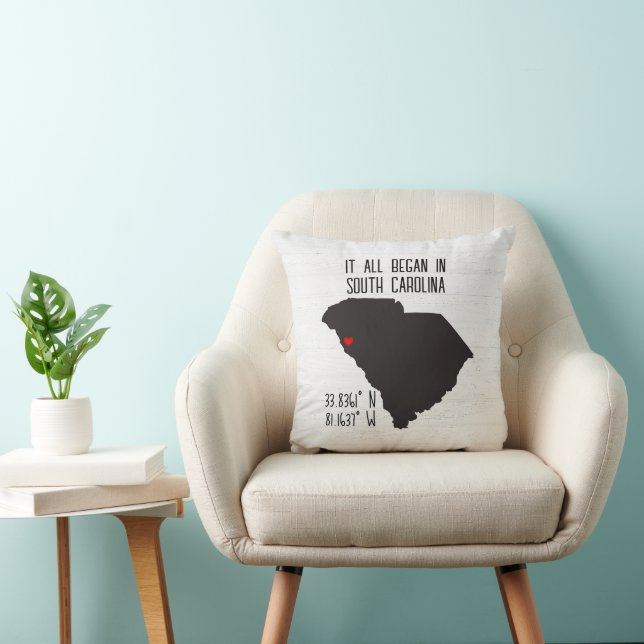 South Carolina GPS Coordinates with Heart Throw Pillow (Chair)