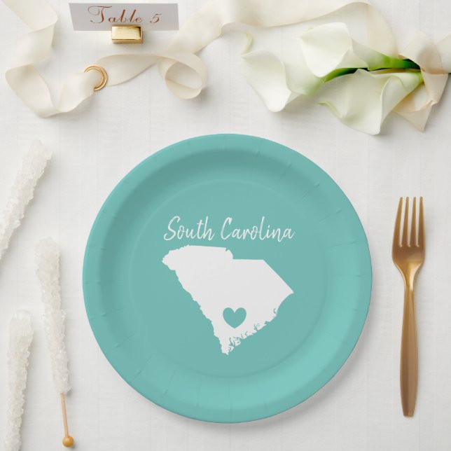 South Carolina Home State Map Love Heart Shape     Paper Plates (Wedding)