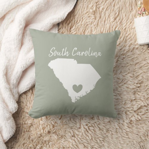 South Carolina Home State Map Love Heart Shape     Throw Pillow