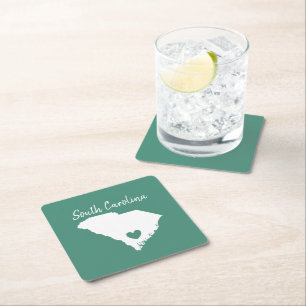 South Carolina home state map love heart Square Paper Coaster