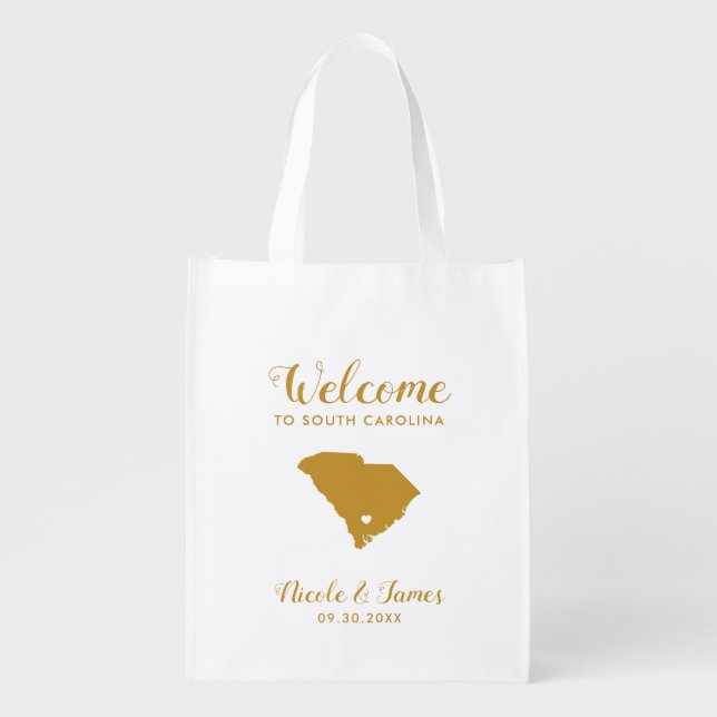 South Carolina Map Wedding Welcome Bag, Gold Tote  (Front)