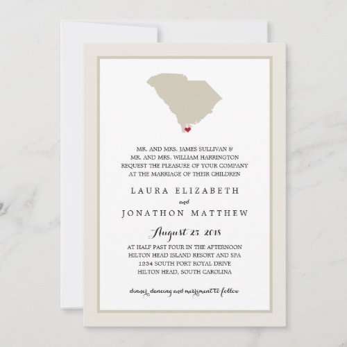 South Carolina Map with heart  Wedding Invitation