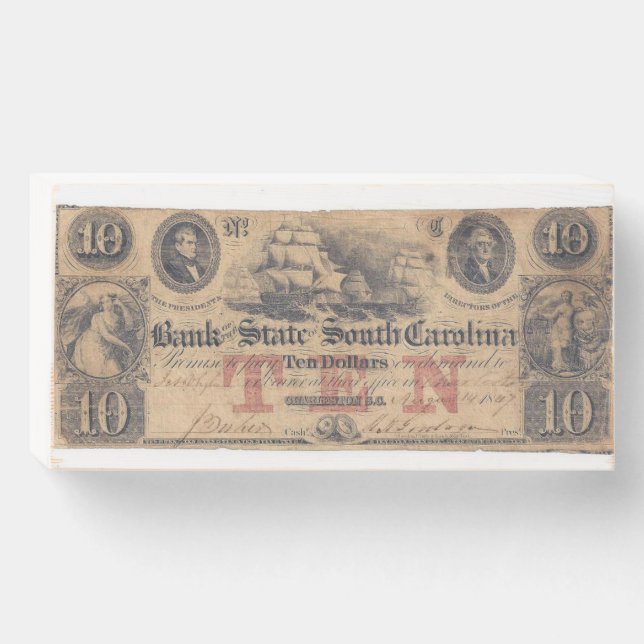 South Carolina, Obsolete Currency, Ten Dollars Wooden Box Sign (Front Horizontal)