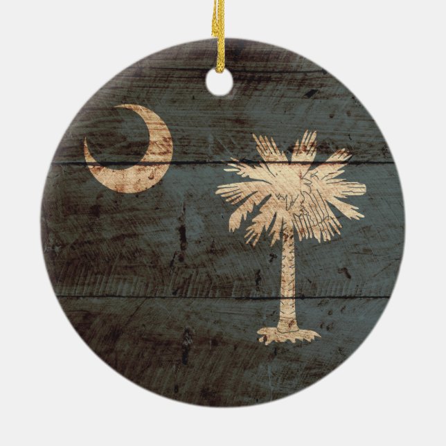 South Carolina State Flag on Old Wood Grain Ceramic Ornament (Back)