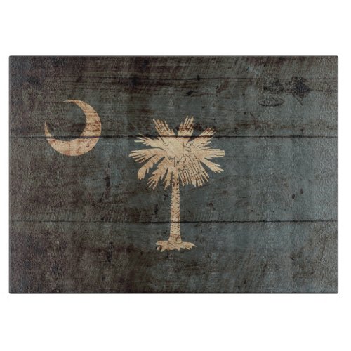 South Carolina State Flag on Old Wood Grain Cutting Board