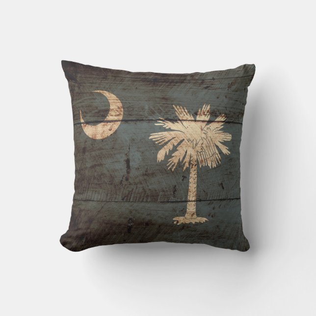South Carolina State Flag on Old Wood Grain Throw Pillow (Front)