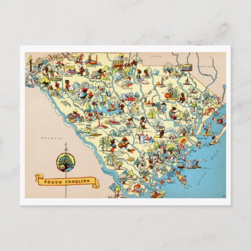 South Carolina Vintage Map Postcard