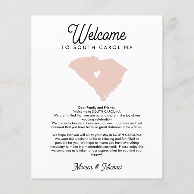 SOUTH CAROLINA Welcome  Letter Itinerary ANY COLOR (Front)