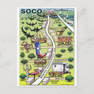 South Congress Ave ATX Cartoon Map Postcard