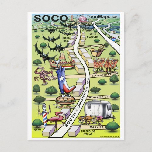 South Congress Ave ATX Cartoon Map Postcard