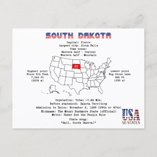 South Dakota American state on a map and details Holiday Postcard