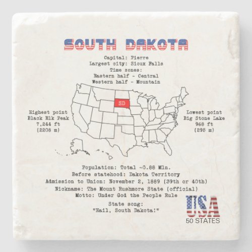 South Dakota American state on a map and details Stone Coaster