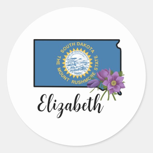 South Dakota Flag with State Flower Pasque Flower  Classic Round Sticker