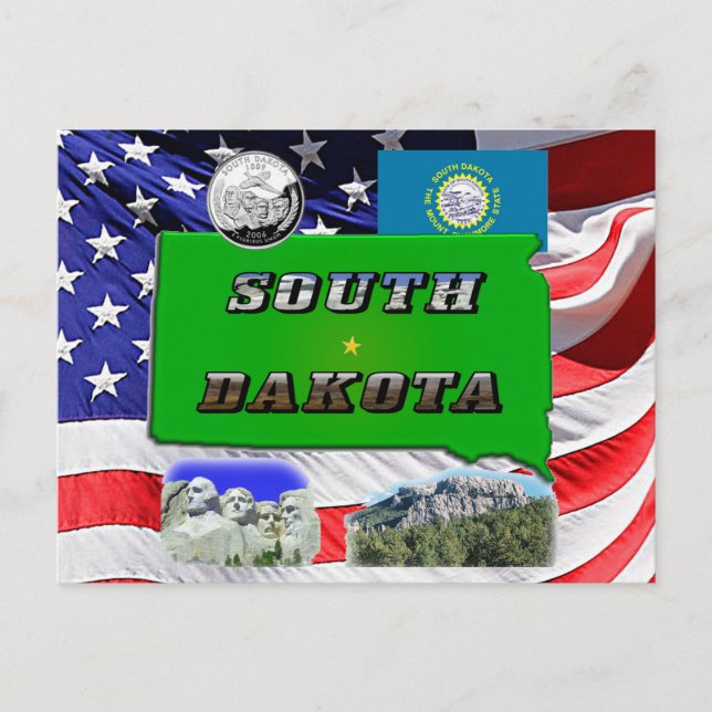 South Dakota Map, Photo Text, Faux Quarter & Flag Postcard (Front)