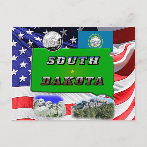 South Dakota Map Photo Text Faux Quarter Postcard