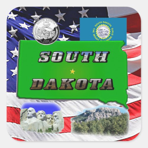 South Dakota Map Photo Text Faux Quarter Square Sticker