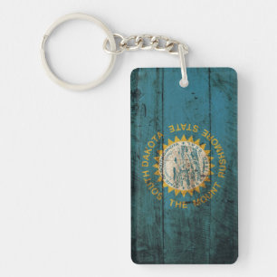 South Dakota State Flag on Old Wood Grain Keychain
