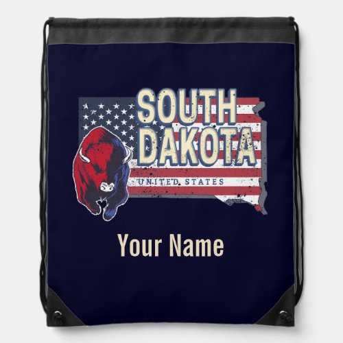 South Dakota United States Retro State Map Vintage Drawstring Bag