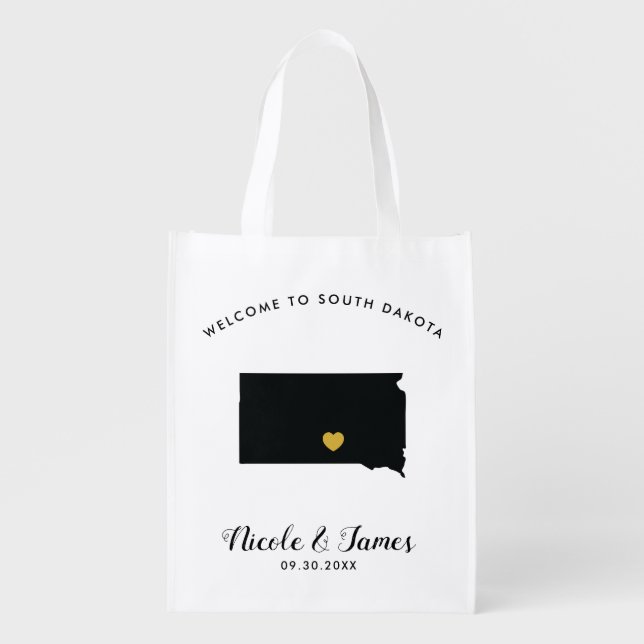 South Dakota Wedding Welcome Bag, Black and Gold Grocery Bag (Front)