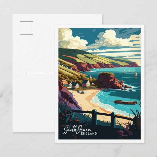 South Devon England Travel Vintage Illustration Postcard (Front/Back)