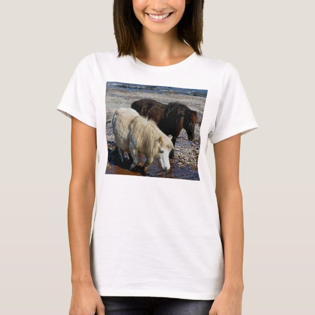 South Devon Two Shetland Ponies On Beach T-Shirt (Front)
