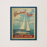South Haven Jigsaw Puzzle Sailboat Retro Michigan<br><div class="desc">This Greetings From South Haven Michigan vintage travel nautical design features a boat sailing on the water with seagulls and a blue sky filled with gorgeous puffy white clouds.</div>