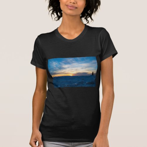 South Haven Lighthouse Frozen Lake Michigan T_Shirt
