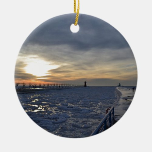 South Haven Lighthouse Sunset Ceramic Ornament