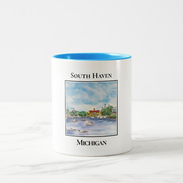South Haven Michigan port inlet Two-Tone Coffee Mug (Center)