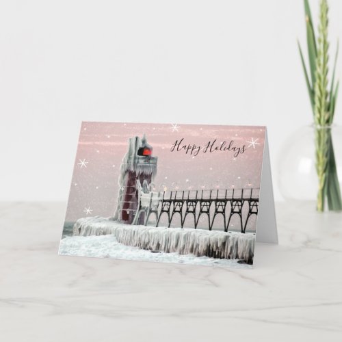 South Haven Michigan Winter Snow Lighthouse Holiday Card
