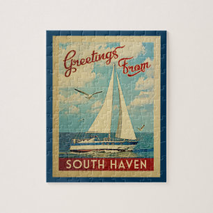 South Haven Sailboat Vintage Travel Michigan Jigsaw Puzzle