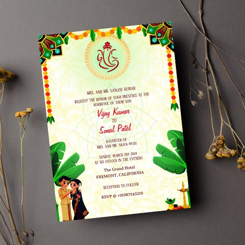 South Indian Hindu Wedding Ganesha and Banana Tree Invitation