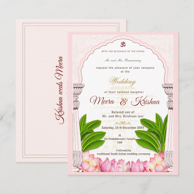 South Indian Lotus Temple Wedding Invitation Suite (Front/Back)