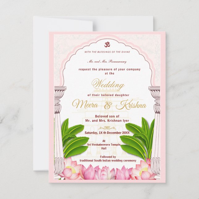 South Indian Lotus Temple Wedding Invitation Suite (Front)