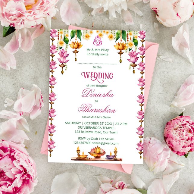 South Indian wedding lotus lamp garlands template (South Indian Tamil wedding template invitation instant digital download pink lotus diya  garlands)