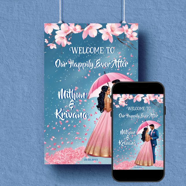 South Indian wedding reception welcome sign (South Indian wedding reception welcome sign poster editable template digital download couple cartoon)