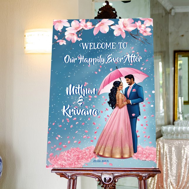 South Indian wedding reception welcome sign (South Indian Tamil wedding reception welcome sign board template pink and blue cartoon caricature)