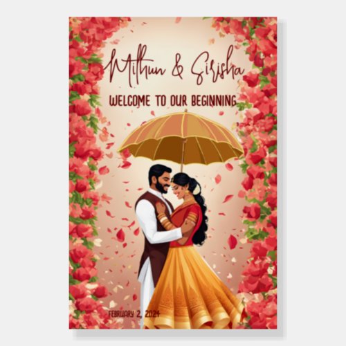 South Indian wedding red roses welcome sign