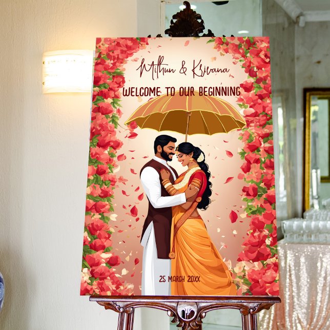 South Indian wedding red roses welcome sign (South Indian wedding Tamil bridal couple cartoon caricature red roses welcome sign board template)