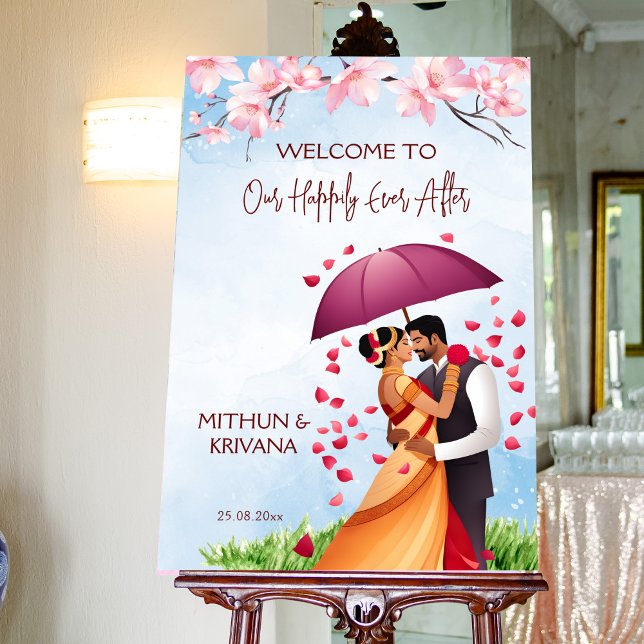 South Indian wedding welcome sign couple umbrella (South Indian wedding welcome sign board template Tamil bridal couple with umbrella caricature)