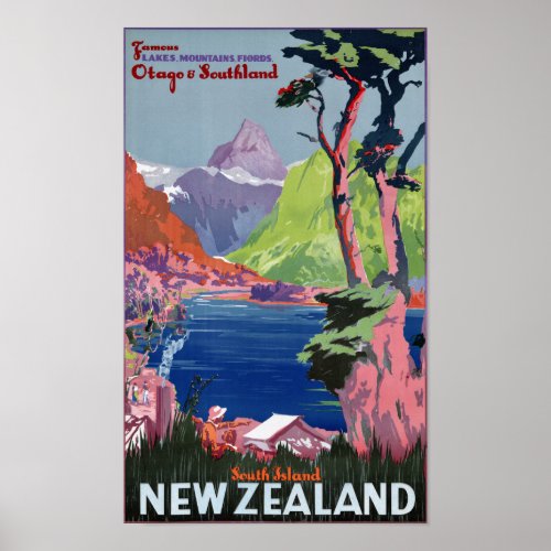 South Island New Zealand Vintage Poster Restored