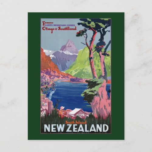 South Island New Zealand Vintage Poster Restored Postcard