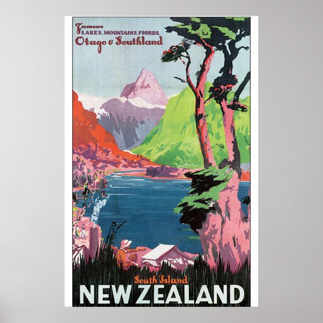 South Island New Zealand Vintage Travel Poster (Front)
